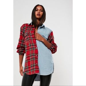 Blue Oversized Tartan Spliced Denim Shirt